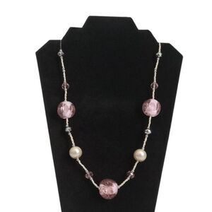 Light Pink and Off White Transparent Resin Beaded Long Length Statement Necklace